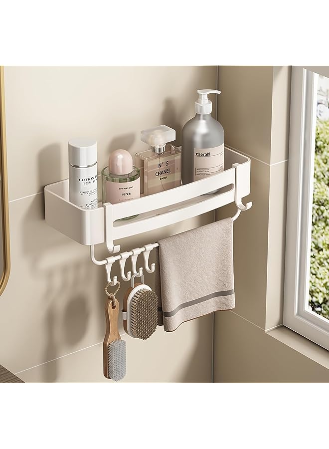 vesus Shower Caddy Shelf, Wall Mounted Space Aluminum Organizer Bathroom Shower Shampoo Rack Holder, Rustproof Bath Storage Basket with 6 Hooks and Towel Bar for Bathroom, Toilet, Kitchen  - Image 1
