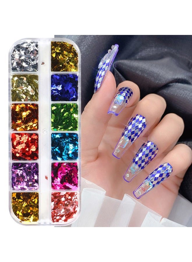 Vezocim 3D Sparkly Glitter Sequins, Holographic Rhombus Shape Glitters Nail Flakes, 12 Colors Rhombus Nail Art Glitter Design for Women, DIY Shiny Fingernail Crafts Decorations - Image 1
