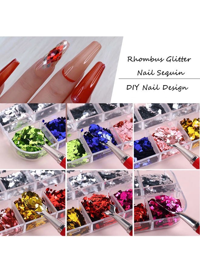 Vezocim 3D Sparkly Glitter Sequins, Holographic Rhombus Shape Glitters Nail Flakes, 12 Colors Rhombus Nail Art Glitter Design for Women, DIY Shiny Fingernail Crafts Decorations - Image 3