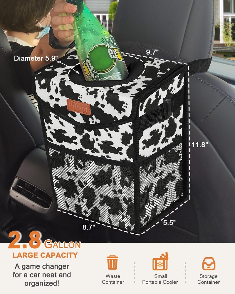 Pritent Car Trash Can with Lid, Cute Leakproof Car Trash Garbage Bag Hanging Vehicle Trash Bin Small Portable Automotive Garbage Cans Organizer for Back/Front Seat/Console(2.8 Gallons,Cow Print) - Image 2