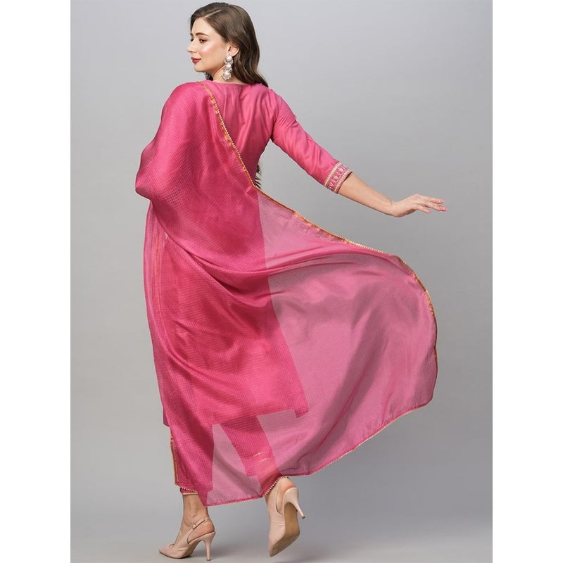 Women's Cotton Blend Floral Straight Kurta with Pant Dupatta for daily wear, soft fabric, pastel pink, breathable and comfortable fit - Image 2