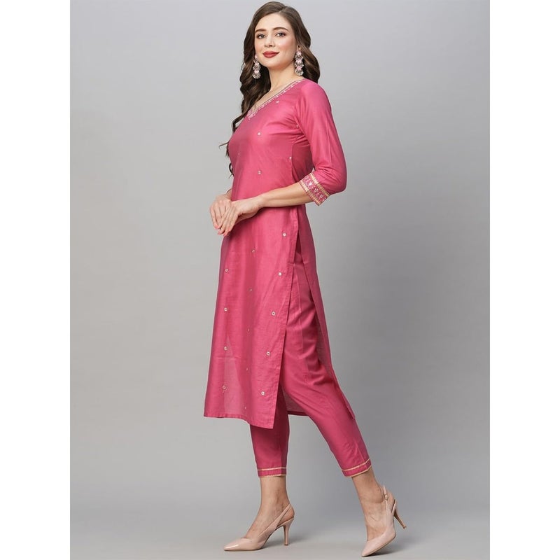 Women's Cotton Blend Floral Straight Kurta with Pant Dupatta for daily wear, soft fabric, pastel pink, breathable and comfortable fit - Image 3