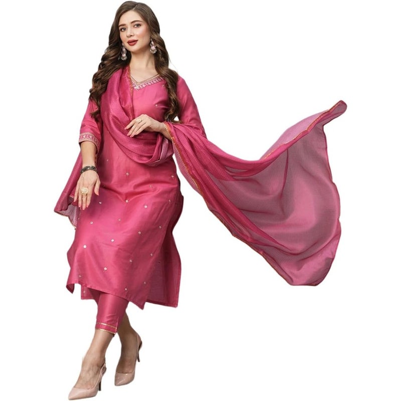 Women's Cotton Blend Floral Straight Kurta with Pant Dupatta for daily wear, soft fabric, pastel pink, breathable and comfortable fit - Image 1