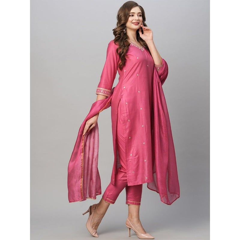 Women's Cotton Blend Floral Straight Kurta with Pant Dupatta for daily wear, soft fabric, pastel pink, breathable and comfortable fit - Image 4