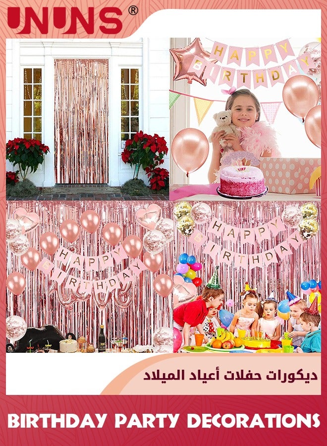 UNUNS Rose Gold Birthday Party Decorations,Happy Birthday Banner,Rose Gold Cupcake Toppers Fringe Curtain Heart Star Foil Confetti Balloons,Rich Party Supplies For Women Girls Birthday Princess Party - Image 3