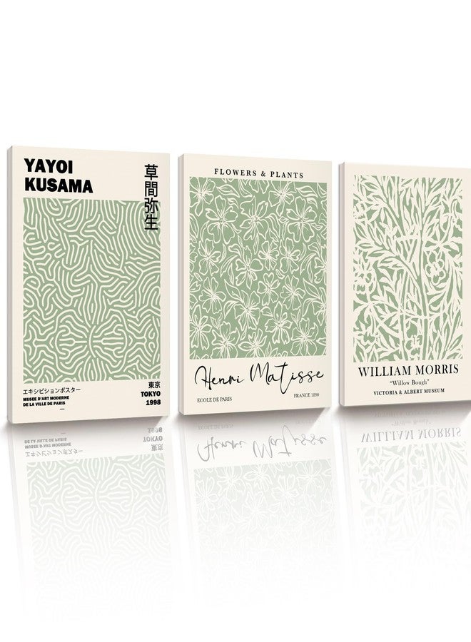 HesenDot Green Botanical Framed Wall Art Set, 12x16in Matisse William Morris Canvas Prints,Minimalist Classic Plants Home Decor for Living Room Bedroom Bathroom Office, Set of 3 - Image 1