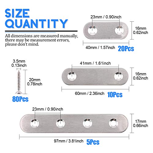 Glarks 35Pieces 16 inch 24 inch 4 inch Stainless Steel Flat Straight Brace Brackets Mending Joining Plates Repair Fixing Bracket Connector and 80pcs Screws Set Total 115pcs Silver - Image 3