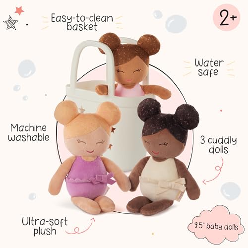 LullaBaby 3 Pieces Set of Soft Plush Dolls for Real Water Play Carrying Basket with Cute Star Cutouts Pretend Play Tub Toys for Kids 2 Years Bath Yoy Bundle - Image 5