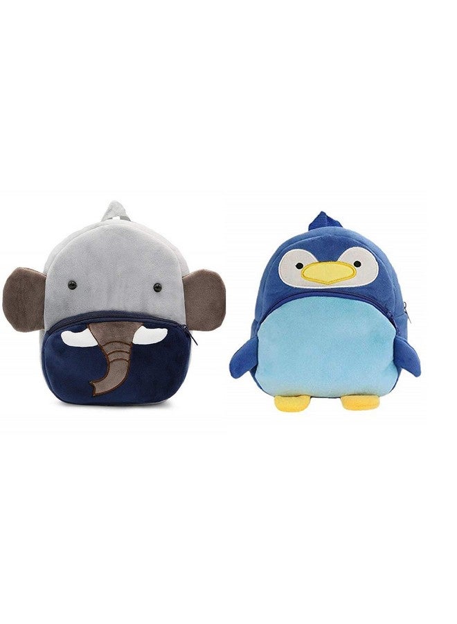 blue tree Kids School Bag Combo Soft Plush Backpack Cartoon Bags Mini Travel Bag for Children Girls Boys (Ch Elephant & Penguin) - Image 1