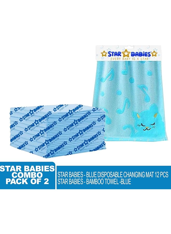 STAR BABiES Combo Pack Of 2 Disposable Changing Mat Pack Of 12 With Bamboo Towel Blue - Image 2