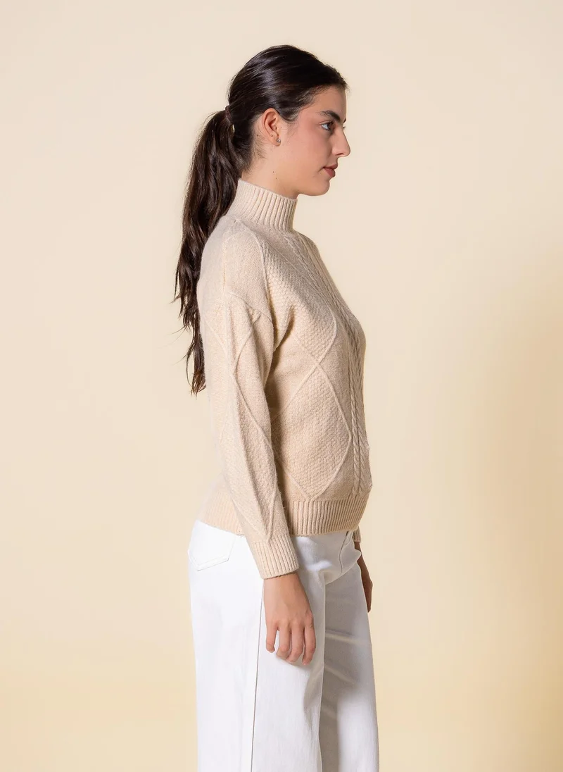 Shapes Beige CABLE KNIT HIGH NECK SWEATER for Women | Best Price UAE