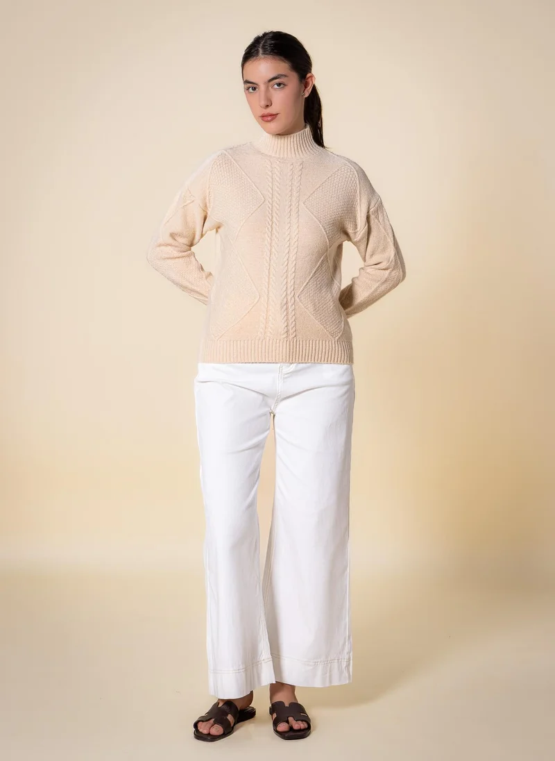 Shapes Beige CABLE KNIT HIGH NECK SWEATER for Women | Best Price UAE