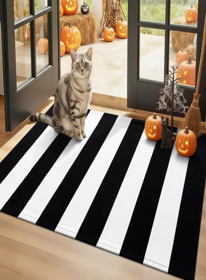 OLANLY Black and White Striped Rug 2'4" x 3'7" (27.5" x 43") - Washable Cotton Indoor Outdoor Doormat for Front Door, Entryway, Kitchen, Porch, Patio Decor - Image 1