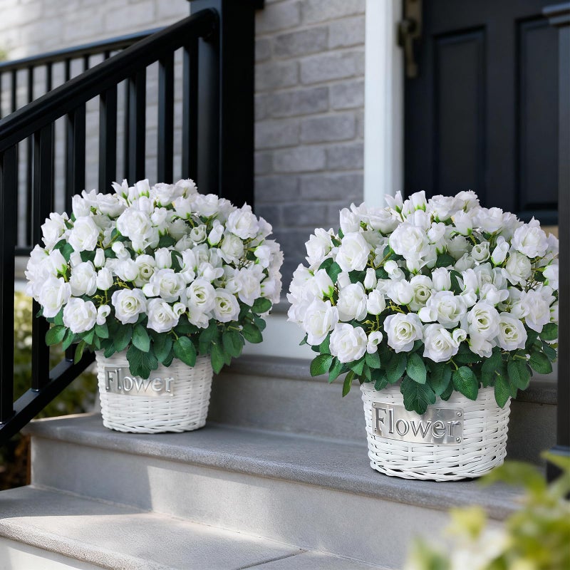 Juxdp 2 Set of Artificial Rose Topiary Trees - Faux Silk Flower Potted Plant, UV Resistant Fake Outdoor Rose Bush for Front Door, Farmhouse, Porch, Garden Decor (White) - Image 2