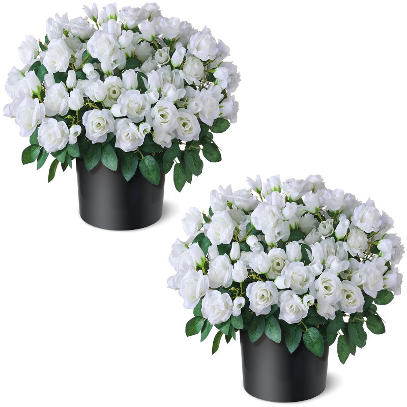 Juxdp 2 Set of Artificial Rose Topiary Trees - Faux Silk Flower Potted Plant, UV Resistant Fake Outdoor Rose Bush for Front Door, Farmhouse, Porch, Garden Decor (White) - Image 1