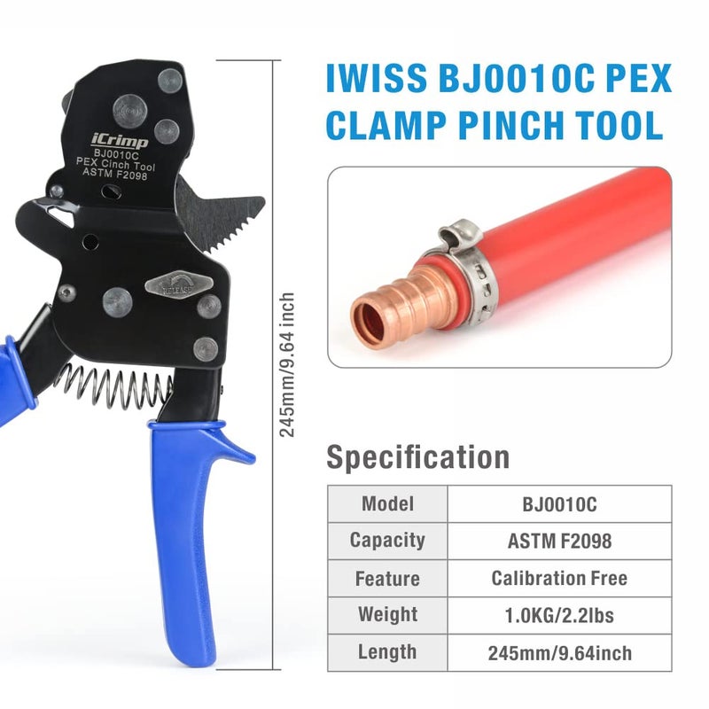 IWISS iCrimp F2098 Ratchet One Hand PEX Cinch Clamp Fastening Tools for Clamping Pipe Tubing 3/8", 1/2", 3/4", 5/8" and 1" Easy Operation Stainless Steel Clamps with Holster - Image 2