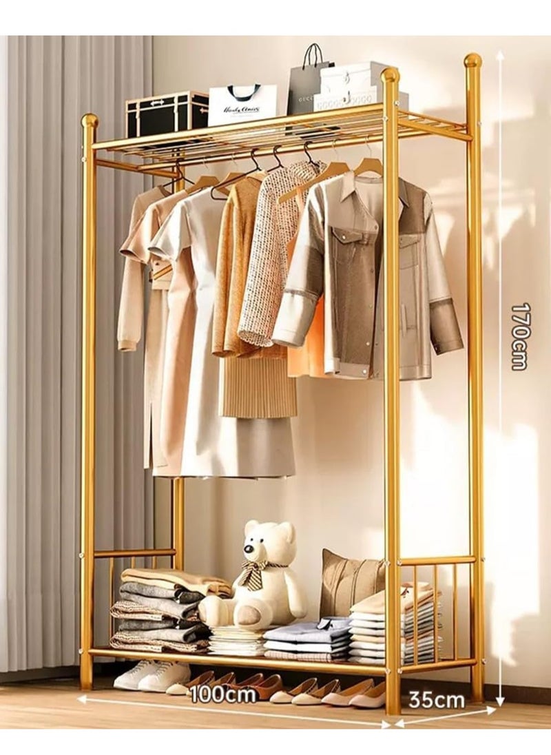 Blueland - Clothes Hanger Stand with Shelves, Free Standing Metal Clothing Hanging Rack, Single Rail, Wardrobe with Top & Bottom Storage Shelf for Shoes Handbags Baskets, Bedroom Garment Organizer - Image 1