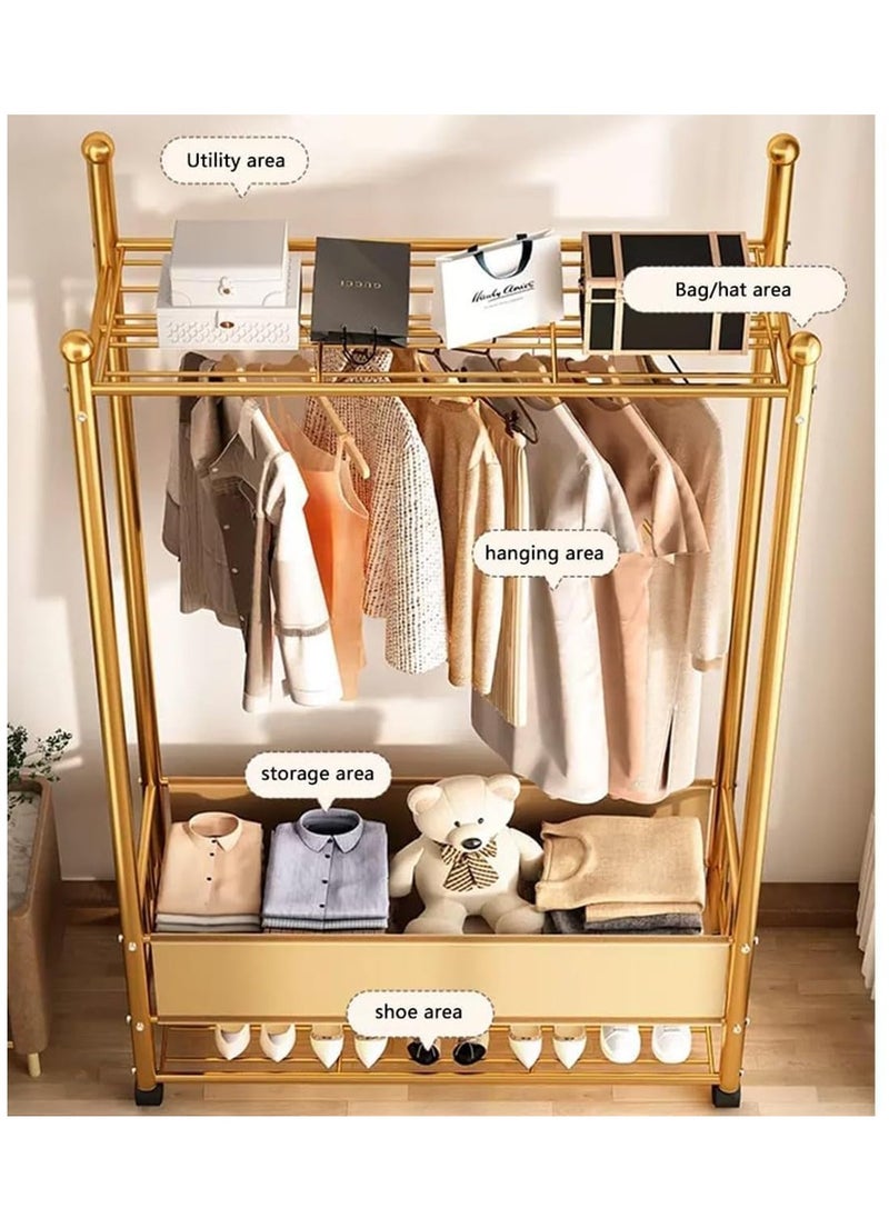 Blueland - Clothes Hanger Stand with Shelves, Free Standing Metal Clothing Hanging Rack, Single Rail, Wardrobe with Top & Bottom Storage Shelf for Shoes Handbags Baskets, Bedroom Garment Organizer - Image 1