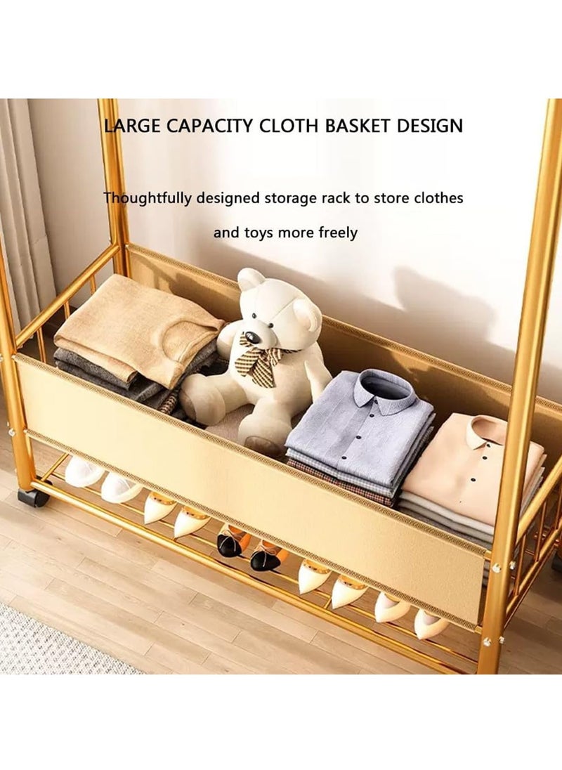 Blueland - Clothes Hanger Stand with Shelves, Free Standing Metal Clothing Hanging Rack, Single Rail, Wardrobe with Top & Bottom Storage Shelf for Shoes Handbags Baskets, Bedroom Garment Organizer - Image 1