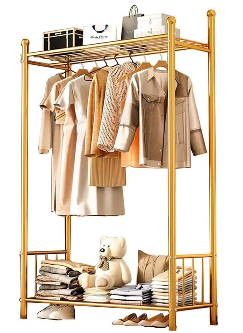 Blueland - Clothes Hanger Stand with Shelves, Free Standing Metal Clothing Hanging Rack, Single Rail, Wardrobe with Top & Bottom Storage Shelf for Shoes Handbags Baskets, Bedroom Garment Organizer - Image 1