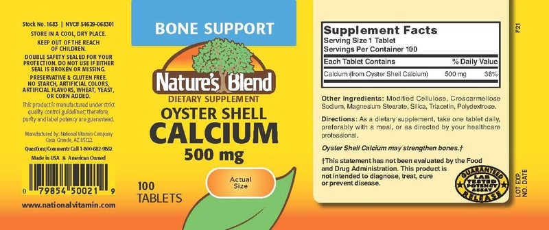 Nature's Blend Oyster Shell Calcium 500 mg 100 Tabs - Image 2