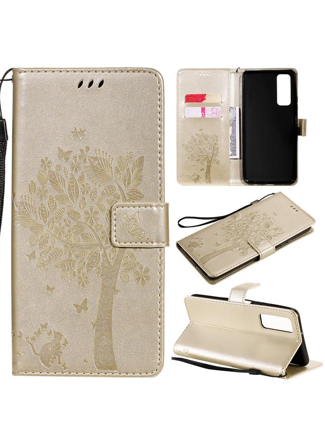 Zaboon Case For Huawei P Smart 2021 Tree & Cat Pattern Pressed Printing Horizontal Flip PU Leather Case with Holder & Card Slots & Wallet & Lanyard - Image 1