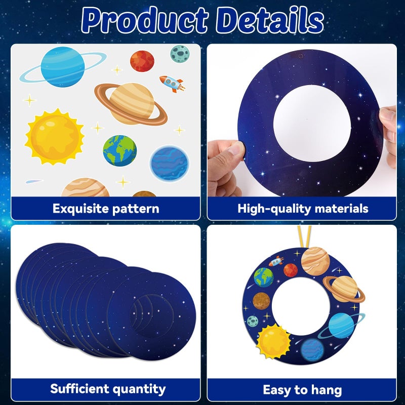 Lonfliness 24 Sets Space Wreath Craft Kits DIY Hanging Decor Solar System Paper Wreath Craft Ornament with Planet Stickers Outer Space Party Supplies for Home School Classroom Activities - Image 3