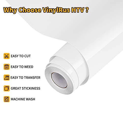 VinylRus فيلم نقل الحرارة فينيل روس - 12 بوصة × 20 قدم رول فينيل أبيض للكي على القمصان، فينيل HTV لآلة سيلويت كامي، سهل القطع والتخلص منه - Image 3