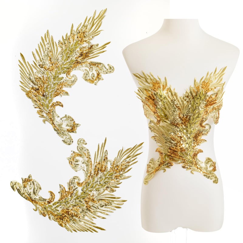 Silvora Pair Embroidery Phoenix Costume Sequin Appliques Patches, Peacock Feather Tail Applique Embellishments for Dance Dresses,Clothes,T-Shirtï¼ŒNeckline Bodice Pants (Gold) - Image 1
