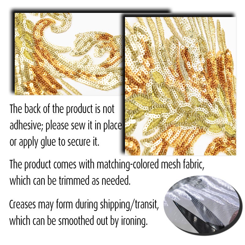 Silvora Pair Embroidery Phoenix Costume Sequin Appliques Patches, Peacock Feather Tail Applique Embellishments for Dance Dresses,Clothes,T-Shirtï¼ŒNeckline Bodice Pants (Gold) - Image 5