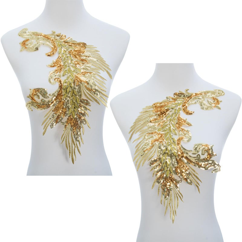 Silvora Pair Embroidery Phoenix Costume Sequin Appliques Patches, Peacock Feather Tail Applique Embellishments for Dance Dresses,Clothes,T-Shirtï¼ŒNeckline Bodice Pants (Gold) - Image 2
