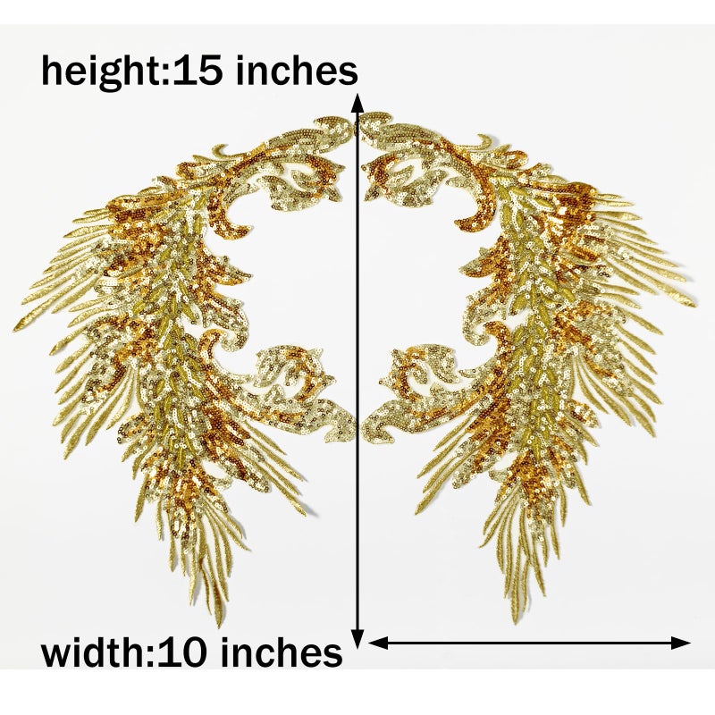 Silvora Pair Embroidery Phoenix Costume Sequin Appliques Patches, Peacock Feather Tail Applique Embellishments for Dance Dresses,Clothes,T-Shirtï¼ŒNeckline Bodice Pants (Gold) - Image 3