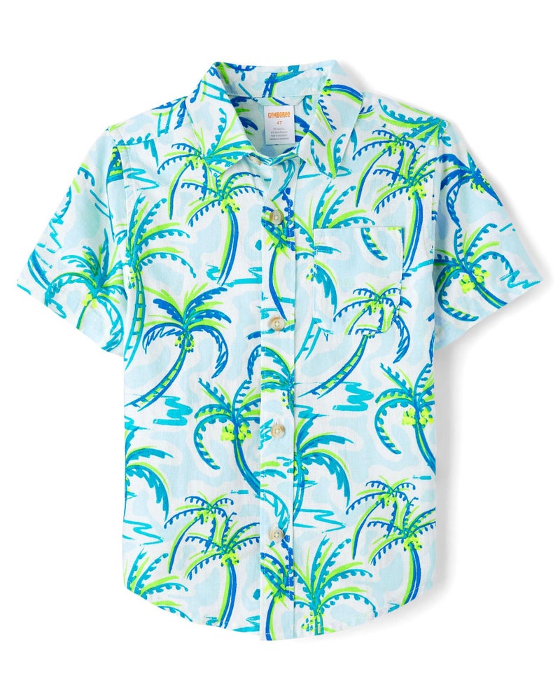 Gymboree,Boys,and Toddler Short Sleeve Button Up Shirt,White Palm Trees,4T - Image 1