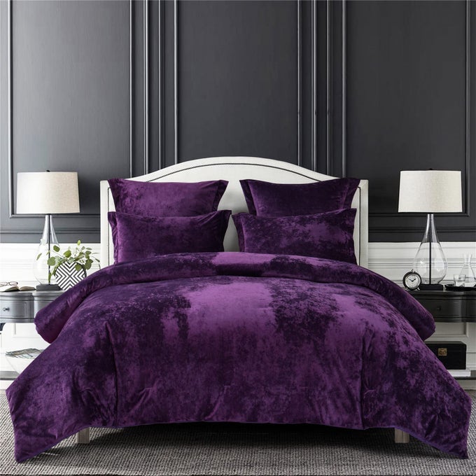 DISTRESSED VELVET COMFORTER SET DISTRESSED VELVET FACE AND BRUSHED SOLID MICROFIBER REVERSE WITH LIGHT WEIGHT SOFT POLY FILL 5 PIECES PURPLE KING