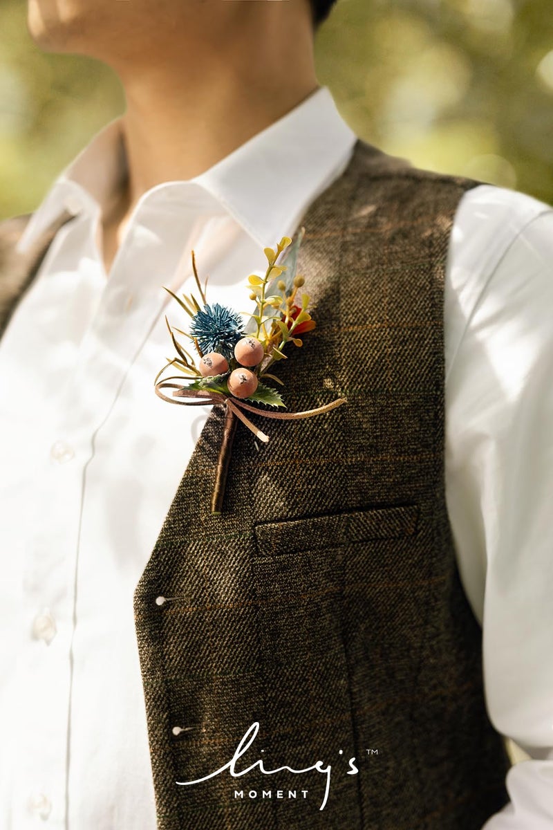Ling's moment Ling's Moment Boutonniere for Men  10pcs Groomsmen Guest Boutonniere  Artificial Flowers for Wedding D?cor/Prom/Homecoming etc.Dark Teal Orange  - Image 2
