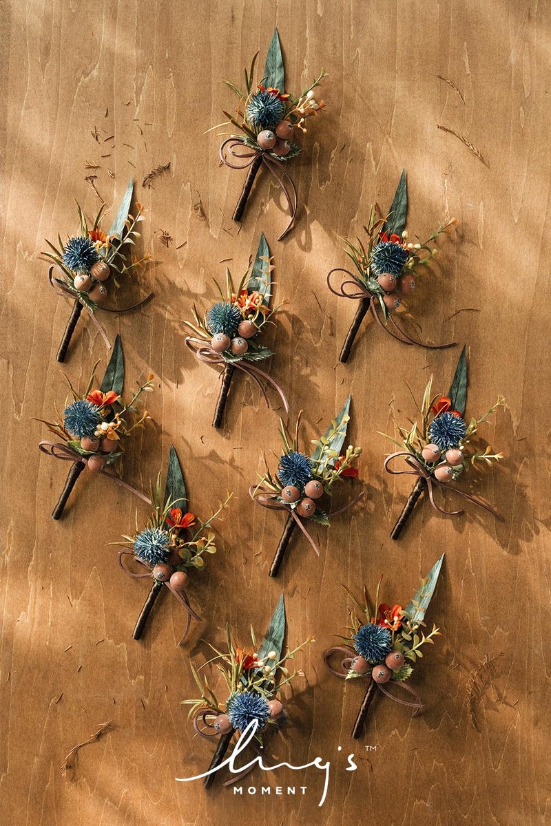 Ling's moment Ling's Moment Boutonniere for Men  10pcs Groomsmen Guest Boutonniere  Artificial Flowers for Wedding D?cor/Prom/Homecoming etc.Dark Teal Orange  - Image 3