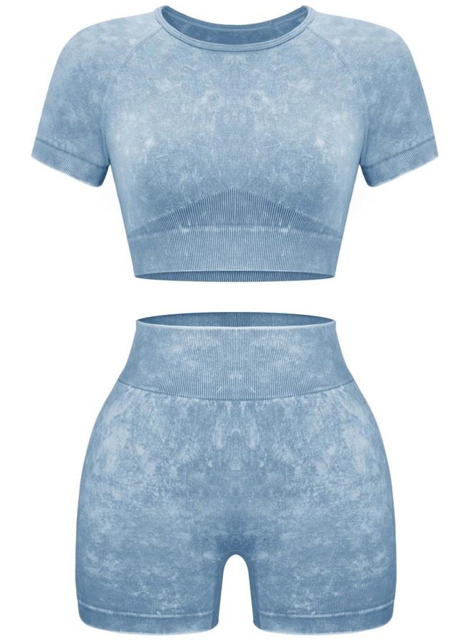 OLCHEE Womens Workout Sets 2 Piece - Seamless Acid Wash Yoga Outfits Shorts and Crop Top Matching Gym Athletic Clothing Set, Short-sleeve + Shorts: Blue, S - Image 1
