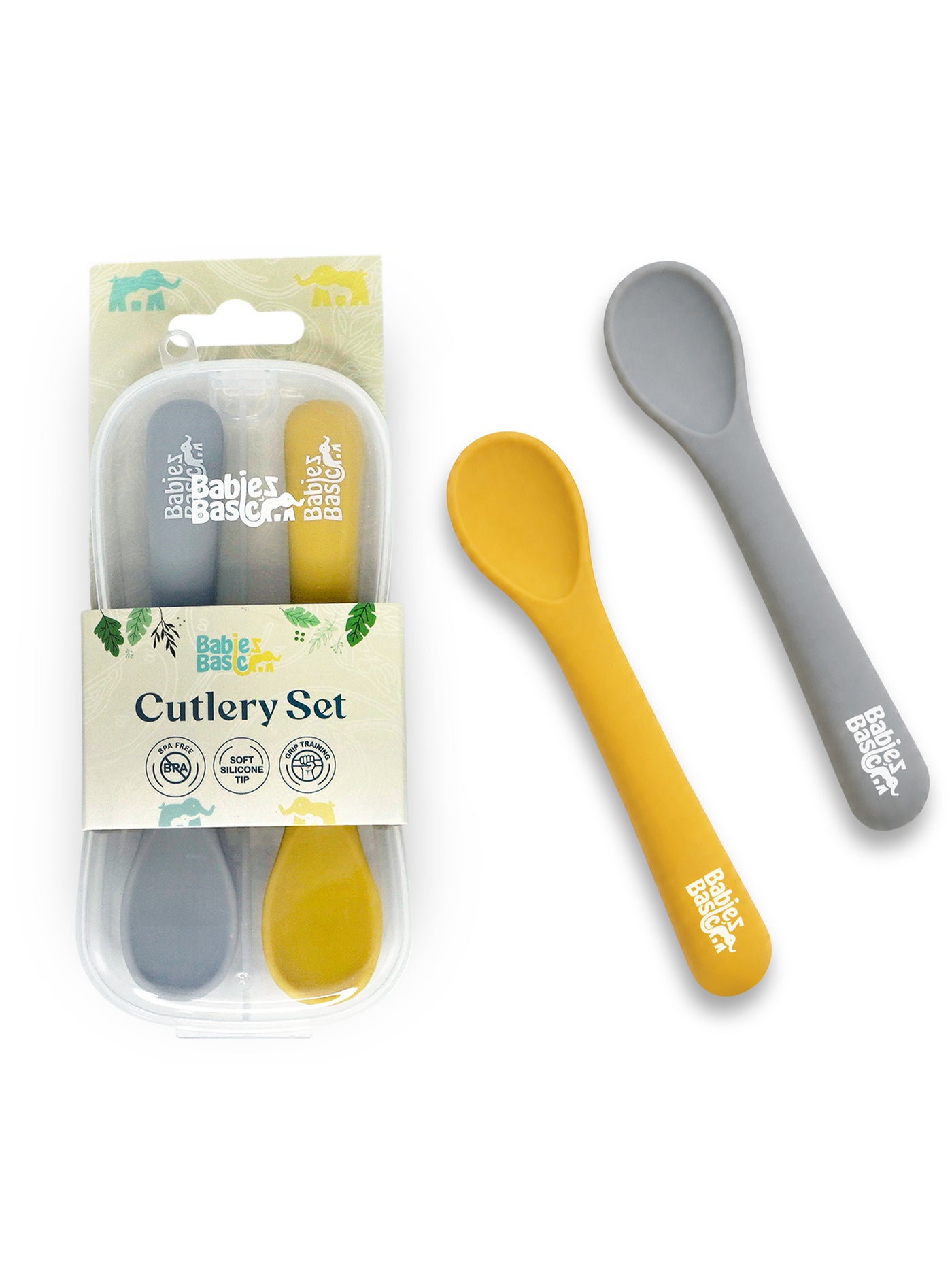 Babies Basic Flexible Silicone Spoon Set with travel case for kids, Yellow and Gray