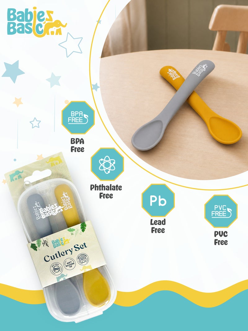 Babies Basic Flexible Silicone Spoon Set with travel case for kids, Yellow and Gray - Image 4