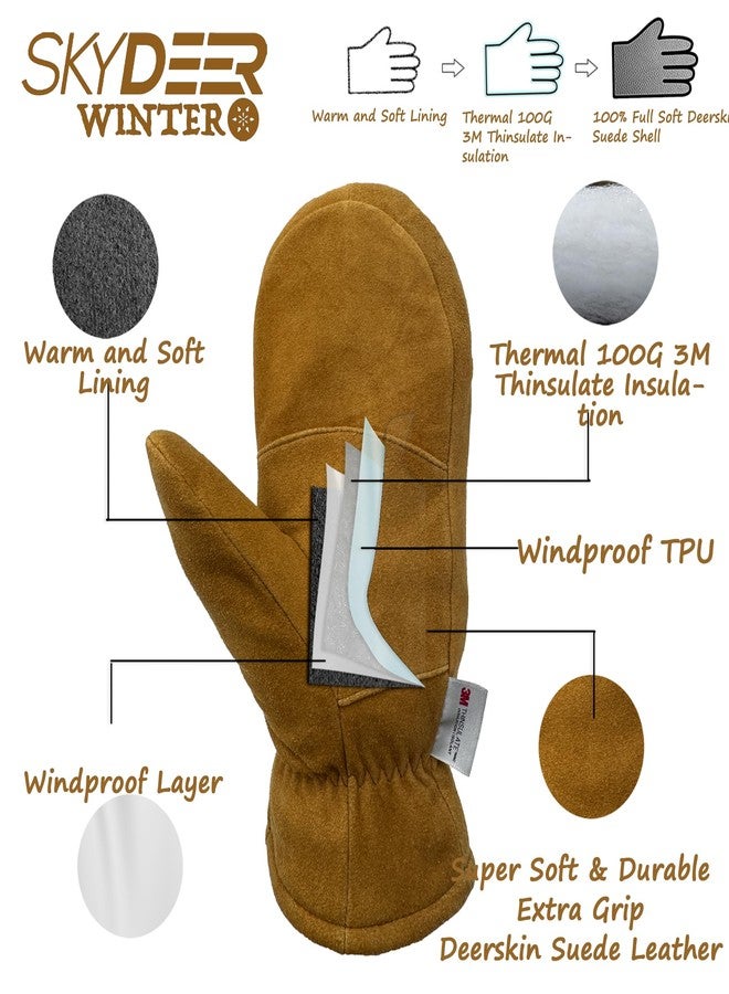 SKYDEER Premium 100% Deerskin Suede Winter Mittens with 100G 3M Thinsulate, Ultra-Soft, Thermal Insulated, Comfort for Men & Women - Image 2
