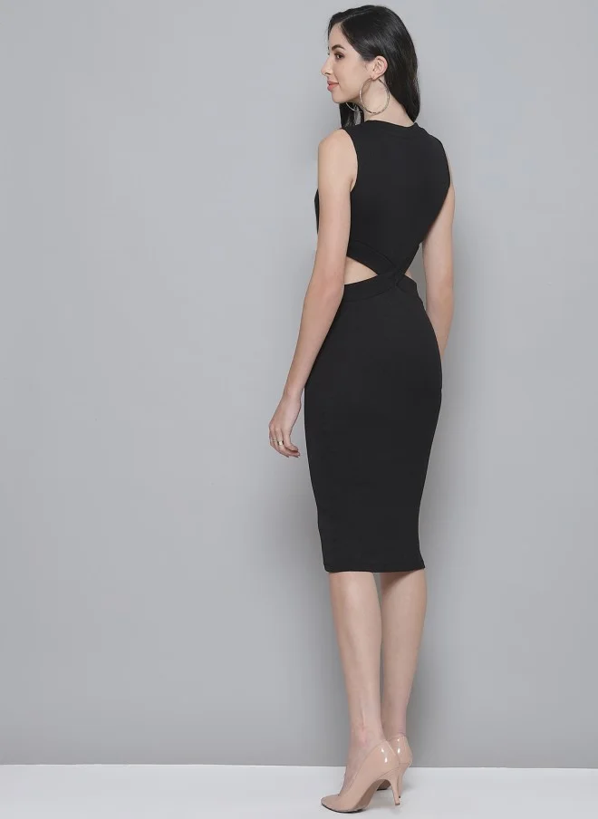 SASSAFRAS Black Ribbed Cut-Out Bodycon Dress for Women