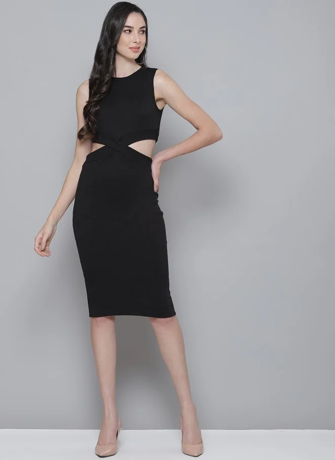SASSAFRAS Black Ribbed Cut-Out Bodycon Dress for Women