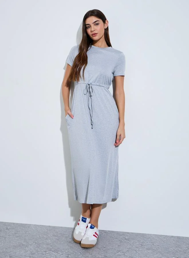 Styli Grey Solid Drawstring Waist A-Line Midi Dress