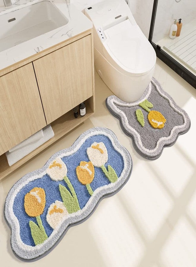 Tyrafry Toilet Bath Rug, U-Shaped Non-Slip Toilet Rug, Flower Rug for Bathroom Floor Soft Plush Microfiber Mat Super Absorbent Washable Bath Shower Mat, 19.5 x 21.5 Inches, Grey - Image 3
