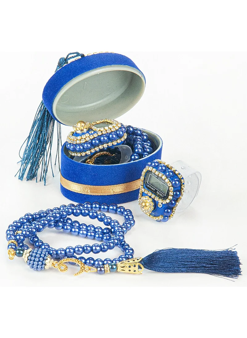 İhvan Online Ihvan Online Velvet Boxed Zikirmatik and Pearl Prayer Beads Mevlid Gift Set Navy Blue