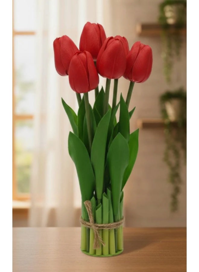 AKDC Artificial Red Tulip Flowers - Plastic Blooms in Stunning Red, Compact Size for Tabletop or Shelf Display, 32 cm,"- Plastic red tulips for stunning color. - Image 1