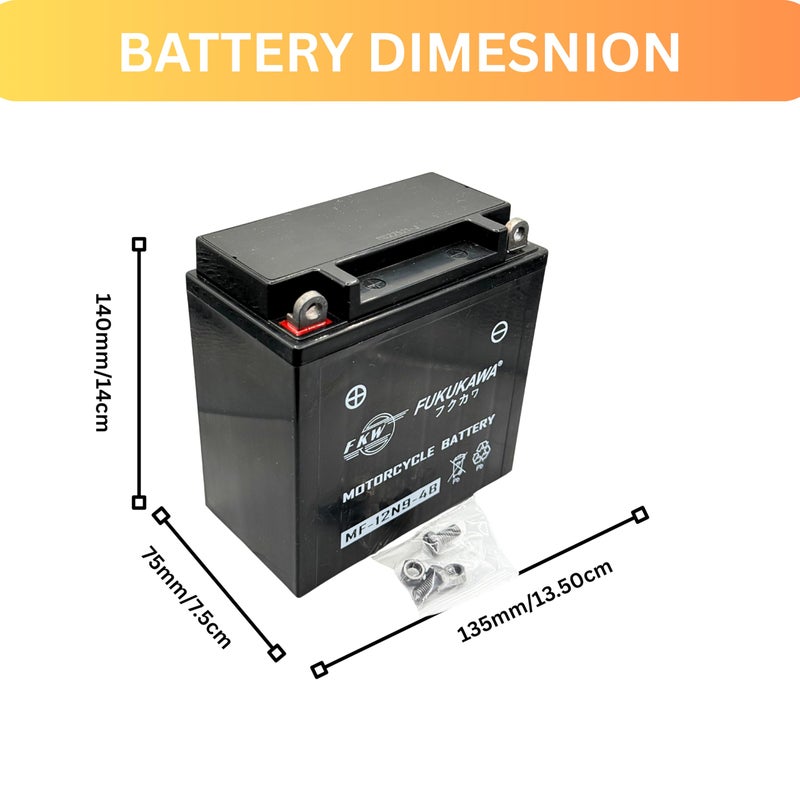 FUKUKAWA MF-12N9-4B Motorcycle Battery 12V 9Ah – Maintenance Free, Sealed High Performance Motorbike Battery, Durable & Compact 13.5×7.5×14cm - Image 2