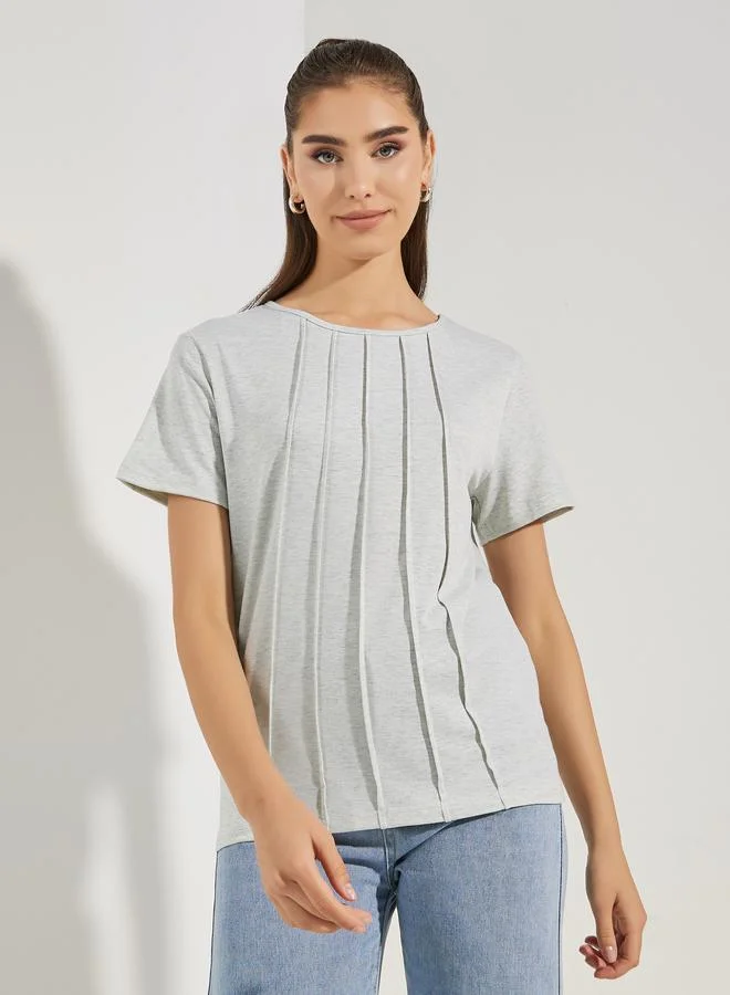 Styli Plain Pintuck Round Neck Short Sleeve T-shirt