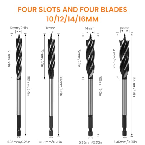 Serplex® 4Pcs Auger Drill Bit for Wood, 10/12/14/16mm Alloy Steel Twist Drill Bits Flute Impact Wood Drill Bit with Quick Change Hex Shank, Four-blade Woodworking Hole Opener Bits Hex Shank Screw Bits - Image 2