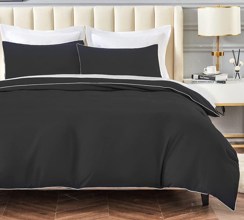 DAUAOTO Duvet Cover King Set, Black Microfiber with Decorative White Piping, 1 Zipper Closure Cover + 2 Shams Halloween Bedding - Image 1